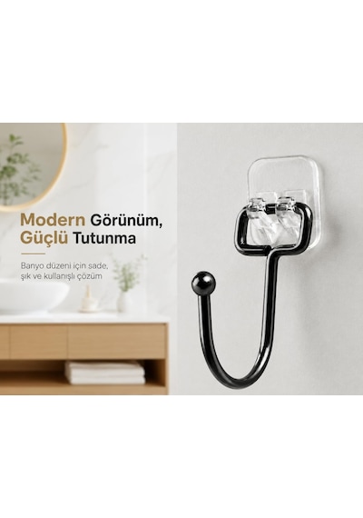 Alper Banyo Yapışkanlı Siyah Askılık, Şeffaf Tabanlı Kancalı Banyo Ve Mutfak Askısı, Delmeden Montajlı Metal Genel