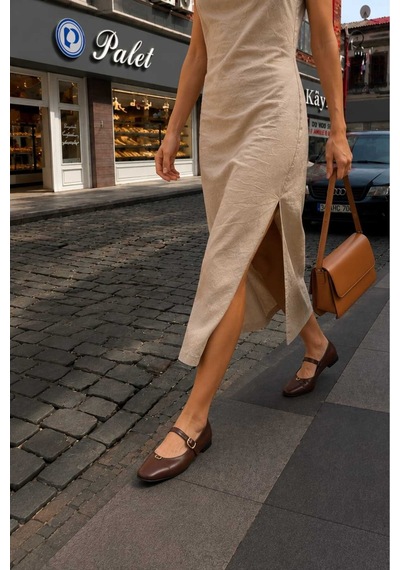 Venüs 2511109 Eren Shoes&bag Hakiki Deri Bant Toka Detaylı Kadın Babet Kahverengi