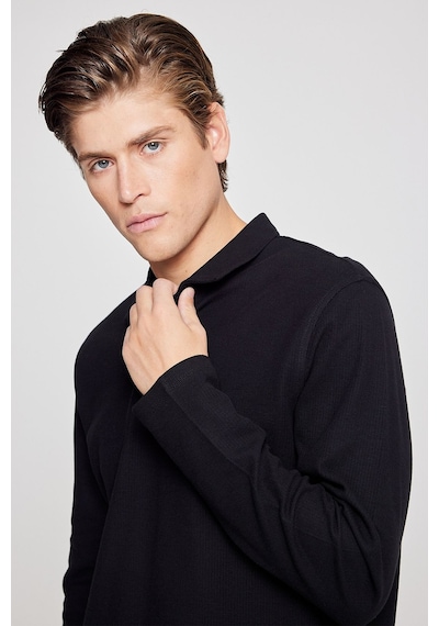 AC&Co / Altınyıldız Classics  Erkek Sıyah %100 Pamuk Slim Fit Dar Kesim Polo Yaka Jakarlı Triko Tişört Siyah