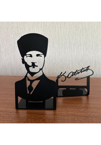 Atatürk Silüet & İmza Metal Masa Dekoru Kişiye Özel Yazı Seçene