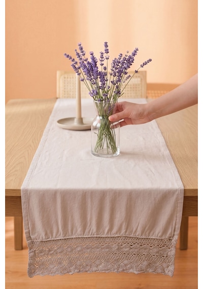 Gri Lacy Pamuklu Dantelli Runner 40x150 Cm