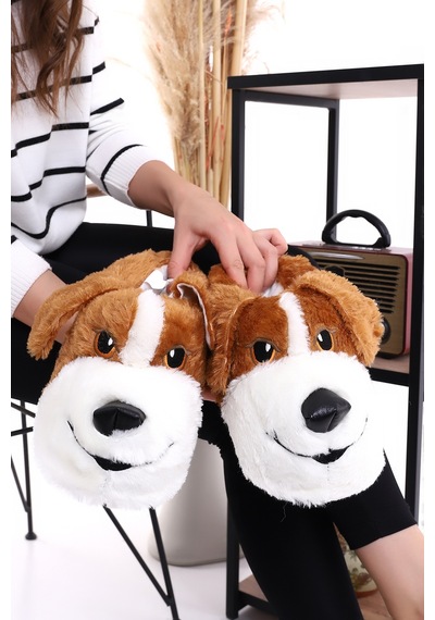 Wordex Hayvanlı H10 Köpekli Kışlık Kadın Erkek Çocuk Panduf Ev Içi Sessiz Taban Panduf Taba
