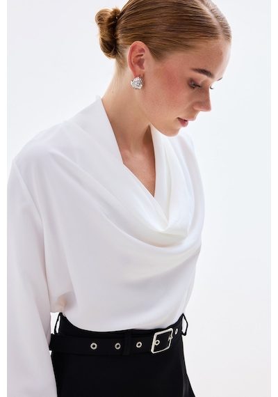 Sateen Degaje Yaka Bluz - Ekru-136736 Ekru