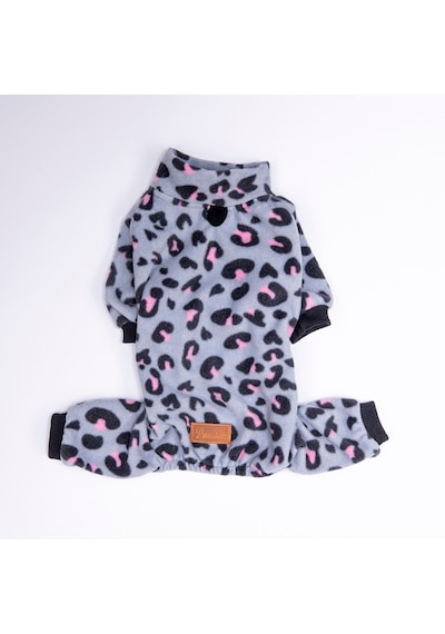 Gri Innsbruck Leopard Desenli Tulum Küçük Irk Peluş Tulum Köpek Tulumu Köpek Kıyafeti Kedi Kıyafeti