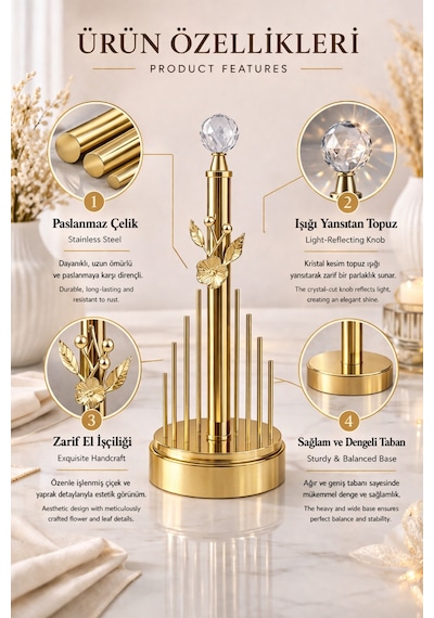 Gold Metal Kaplamalı Çiçek Model Lüks Havlu Peçetelik Mutfak Servislik Çeyizlik Sofra Organizeri Zen Altın