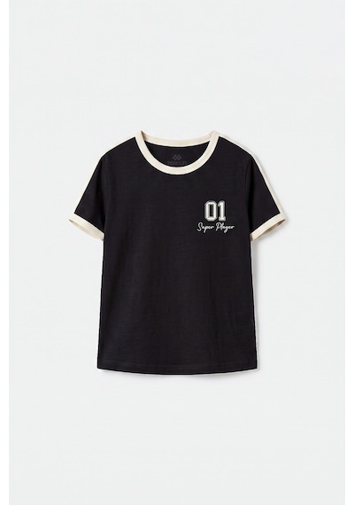 Siyah Omuz Biye Detaylı Baskılı Kız Çocuk T-shirt - 75181