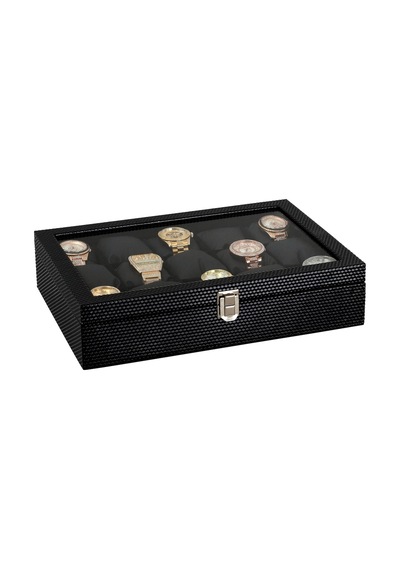 Chavin 15 Li Diamond Siyah Deri Ahşap Camlı Saat Kutusu St15-24