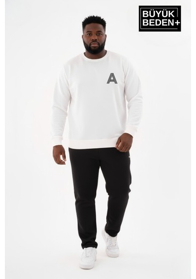 Süperlife Erkek Büyük Beden A Baskılı Bisiklet Yaka İnce Sweatshirt Spr26bsw956-12 Ekru