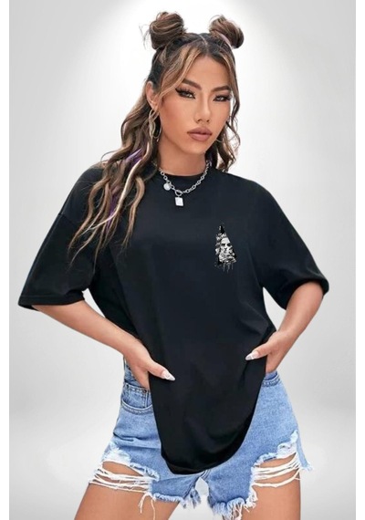 Poseidon Felsefe Siyah Oversize Unisex Ön Sol Yan Minimal Baskılı Tişört Koyu Siyah