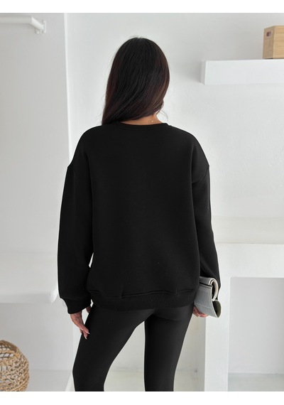 Kadın Kalp Nakışlı Sweatshirt Sade & Sevgi Dolu Stil Siyah