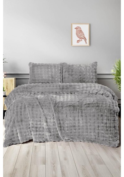 Merinos Diamond Buble Kürk Çift Kişilik Comforter Set Silver Gri