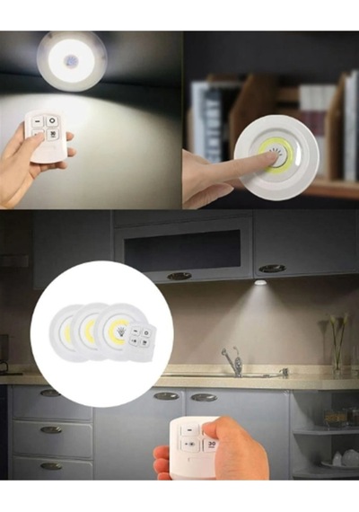 3 Lü Pilli Kablosuz Led Spot Lamba Seti Kumandalı Kolay Montaj Aydınlatma - Çok Renkli