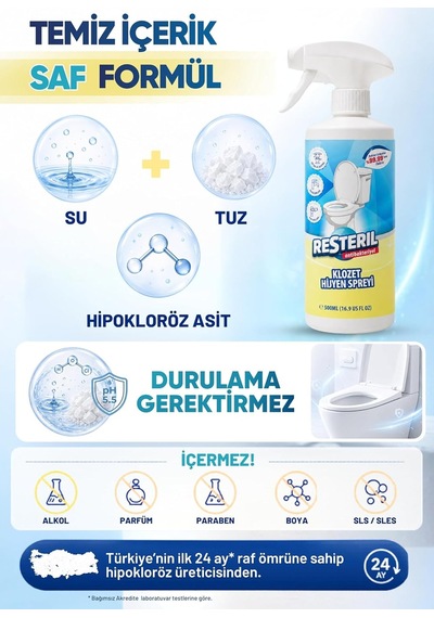 Tuvalet Temizleyici Hızlı Etkili Dezenfektan Sprey Klozet Kapağı Temizleyici Alkolsüz Hipokloröz Asit Tuvalet Koku Giderici Küf Önleyici 500ml