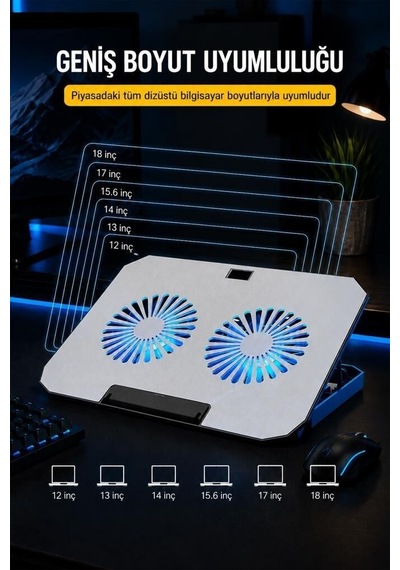 Premium Laptop Soğutucu Ayarlanabilir Rgb Cf12 Gümüş Stand