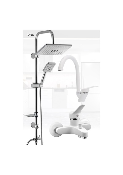 Beyaz Yağmurlama Tepe Duş Seti Banyo Lavabo Batarya Set Yeni Nesil Sürgülü Duş Seti Beyaz
