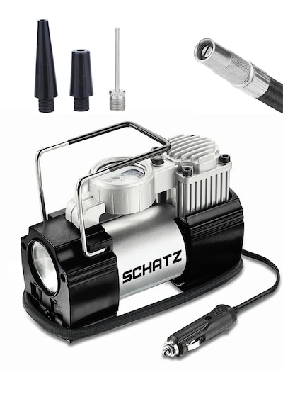 Schatz 12v 150 Psi Işıklı Bakır Sargılı Çakmaklık Girişli Mini Hava Kompresörü 35l Siyah