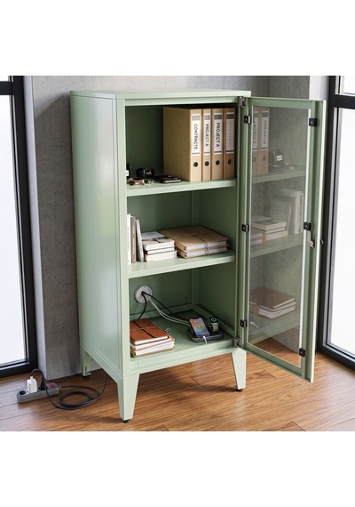 Alfafonet Ziglat Serisi Kilitli Metal Home Office Dolabı Cam Kapaklı Yeşil Ral 6018 450x1050x450 Mm