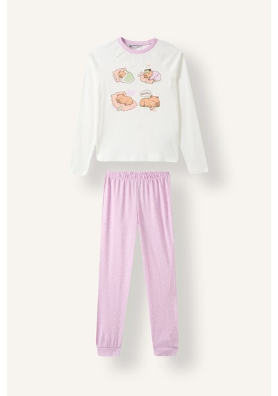 Defacto Baskılı Uzun Kollu Üst Lastikli Paça Alt 2li Pijama Takımı Kız Çocuk I3894a826auer105 Ekru-er105