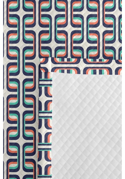 Lacivert Geometrik Genç Odası Tek Kişilik Pike Takımı - Mint Somon Retro 160x220 Cm Yatak Örtüsü Doğal Çayır Baharı