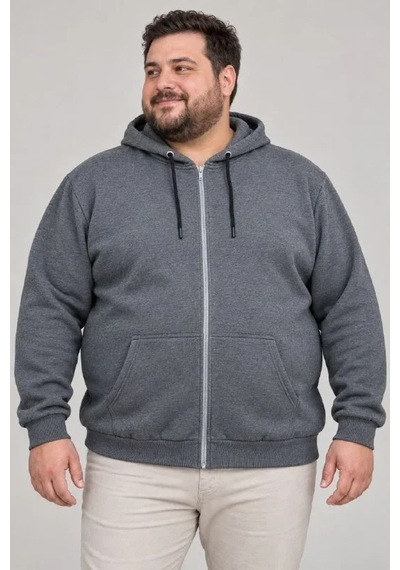 Erkek Battal Büyük Beden Üç İplik İçi Şardonlu Kapüşonlu Tam Fermuarlı Kışlık Sweatshirt - Füme