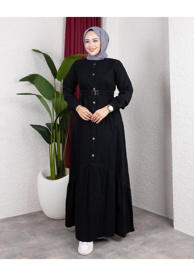 Hb Harma Time Butik Kadın Düğmeli Kuşaklı Denim Siyah Kot Elbise