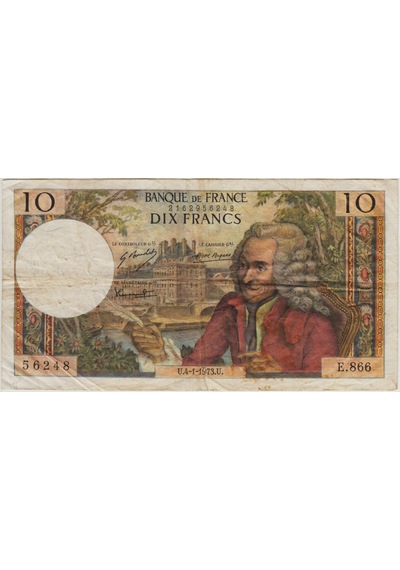 Fransa 10 Frank 1973 Voltaire Temalı. Alt Kenarda 1 Cm Yırtık Var Çok Temiz.