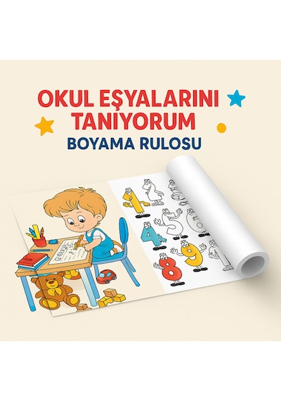 Okul Eşyalarını Tanıyorum 5 Metre Eğitici Boyama Rulosu Resim Kağıdı Rulo Kağıt