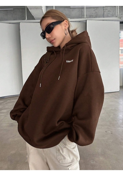 Startmore Kahverengi Unisex Erkek/kadın Unique Renkli Özel Baskılı Pamuklu Oversize Kapüşonlu