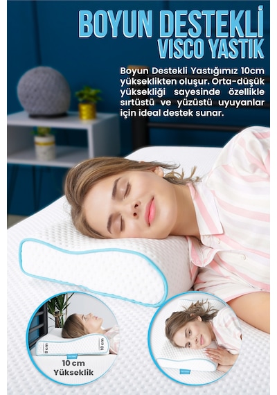 Viscofoam Küçük Boyun Destekli Ortopedik Yastık Visco Yastık 46x30x10-8cm