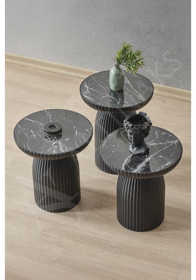 Diamond, Bohem Sehpa, 3'lü Set, Yan Sehpa, Zigon Sehpa - Siyah & Siyah Mermer Renk Tabla Siyah Gövde & Siyah Mermer Desenli Tabla