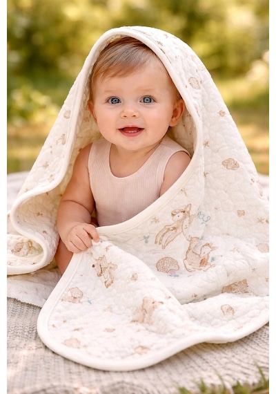 Almira Bebek Unisex Bebek Little Dear Yazılı Yavru Ceylan Baskılı Organik Pamuklu Battaniye Mint Yeşili Standart