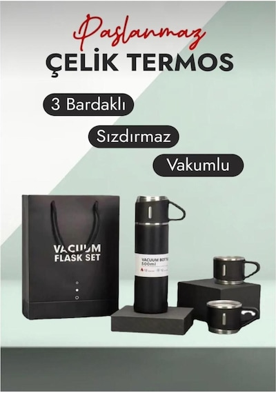 3 Bardaklı Termos Paslanmaz Çelik Termos, Vakumlu Çanta Hediyeli Termos