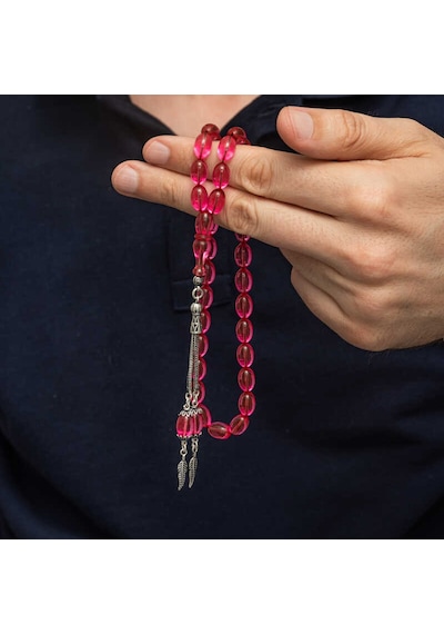 Gümüş Püsküllü Pembe Ateş Kehribar Tesbih Sl12273 Gümüş