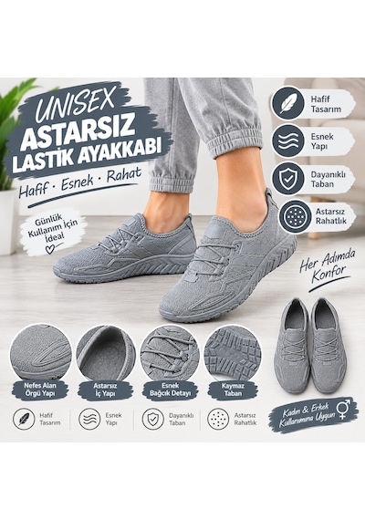 Astarsız Lastik Ayakkabı Hafif Esnek Rahat Günlük Ayakkabı Açık Gri