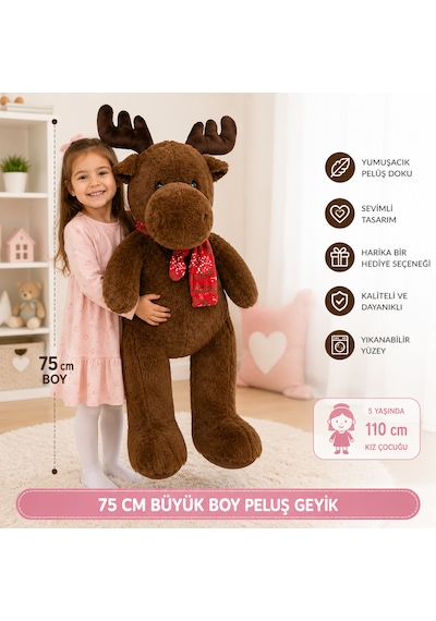 75 Cm Büyük Boy Pelüş Geyik Yumuşak Ve Sevimli Peluş Oyuncak Kahverengi
