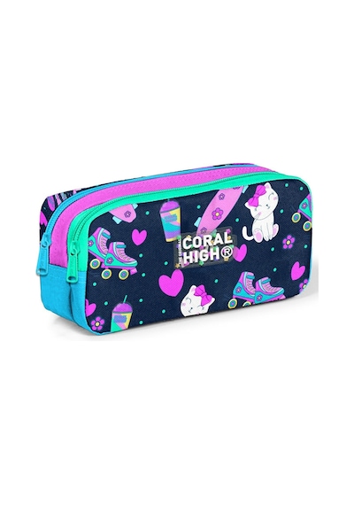 Coral High Lacivert Pembe Kedili İki Bölmeli Kalem Çantası - Kız Çocuk