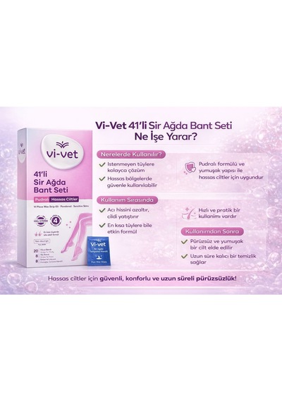 Vi-vet 41 Li Pudralı Sir Ağda Bant Seti Hassas Ciltlere Uygun, En Kısa Tüylerde Etkili Full Body Ağda Bandı + Temizleme Mendili
