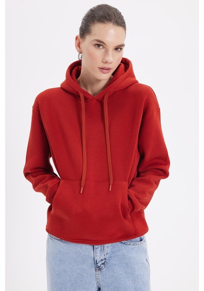 Tudors Kadın Oversize Geniş Kesim Pamuklu Yumuşak Dokulu İçi Polarlı Basic Kiremit Kapüşonlu Sweatshirt-37906 Kiremit
