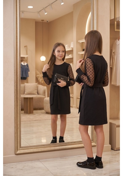 New Kids Kız Çocuk Elbise Tül Kol Puantiyeli Kol Fırfır Manşetli Detaylı Syh Tam Kalıp Yeni Sezon -91256 Siyah