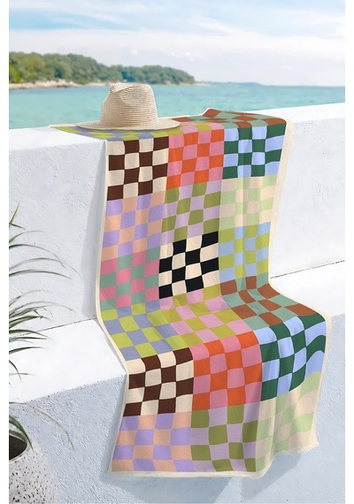 Damalı Geometrik Retro Plaj Havlusu - Renkli Modern Patchwork Hızlı Kuruyan Mikrofiber Havlu Eski Akasya