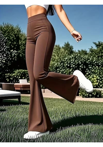 Unika Boutique Kadın Dalgıç Kumaş Belden Lastikli İspanyol Paça Pantolon Kahverengi