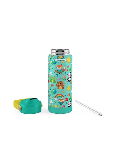Puccon 540 Ml Sevimli Karakter Baskılı Yeşil Erkek Çocuk Pipetli Çelik Termos Matara/suluk - 60058