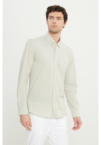 AC&Co / Altınyıldız Classics Erkek Hakı 360 Her Yöne Esneyen Pamuklu Slim Fit Dar Kesim Düğmeli Yaka Örme Gömlek Hakı