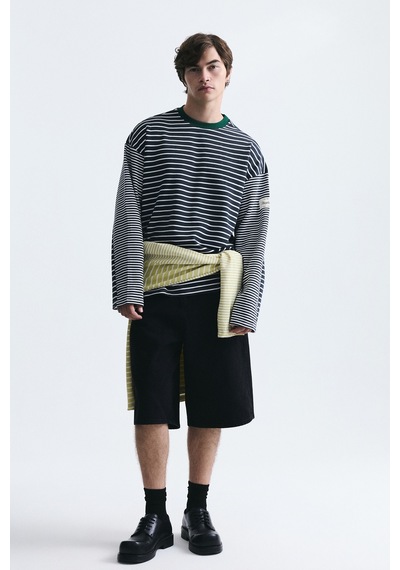 Vamos Kontrast Yaka Çizgili Sweatshirt Ekru-füme