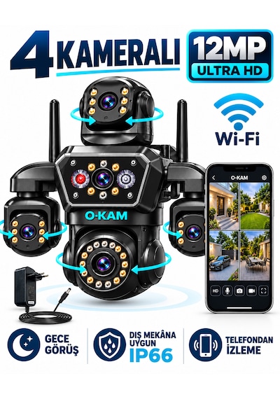 O-kam Ok-251 12mp 4 Kameralı Wifi Gece Görüş Çift Yönlü Ses Uzaktan İzleme Kişi Takibi Türkçe Akıllı Güvenlik Kamerası