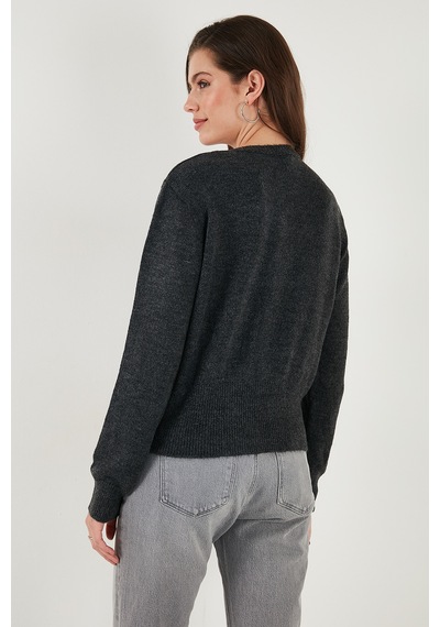 Lela Premium Comfort Fit Yuvarlak Yaka Crop Triko Bayan Hırka 680Hi00164 Antrasit