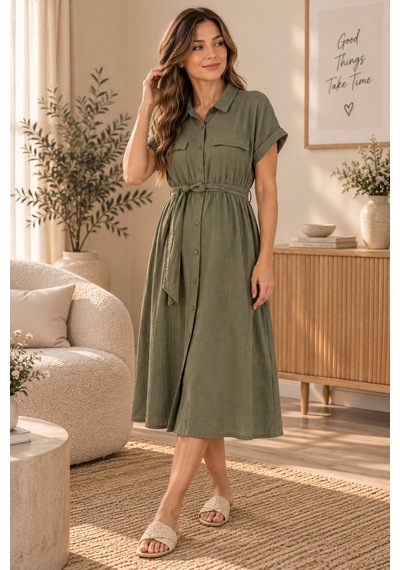 Palena Plnl5860 Doğal Müslin Gömlek Elbise - Yeşil