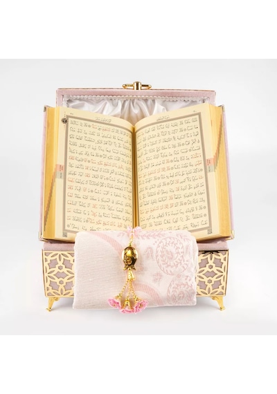 Desenli Kutu Çeyizlik, Seccade + Tesbih + Kuran Hediye Seti Hafız Boy, P.pembe, Elif-vav Pudra Pembe