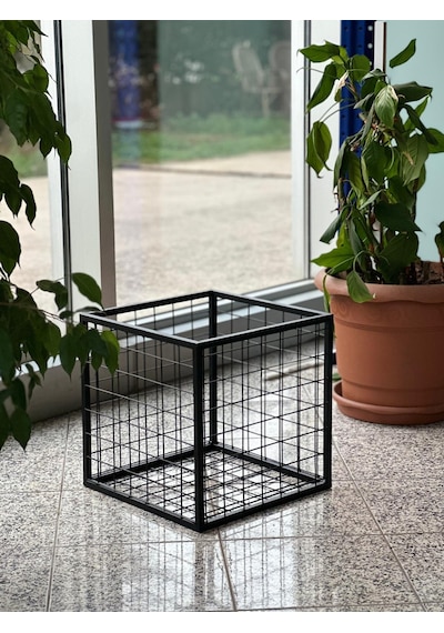 Metal Tel Kasa Sepet - Dekoratif, Taşınabilir Ürün Kasası, Sele Sepet 45x45 Cm H:40 Cm Siyah