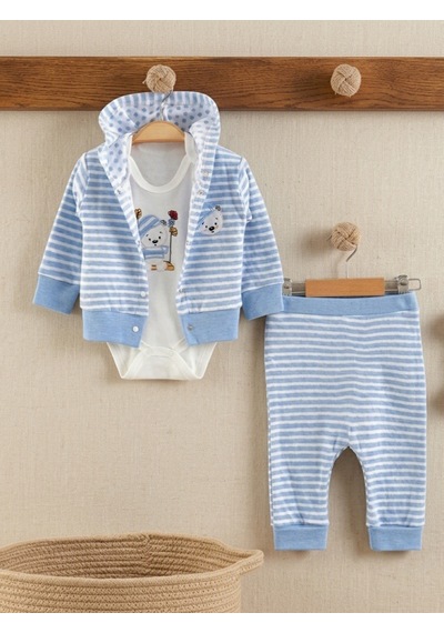 Nayinom Baby Nayinom 1230 Çizgili Ayıcık 3'lü Bebek Takımı - Mavi/beyaz